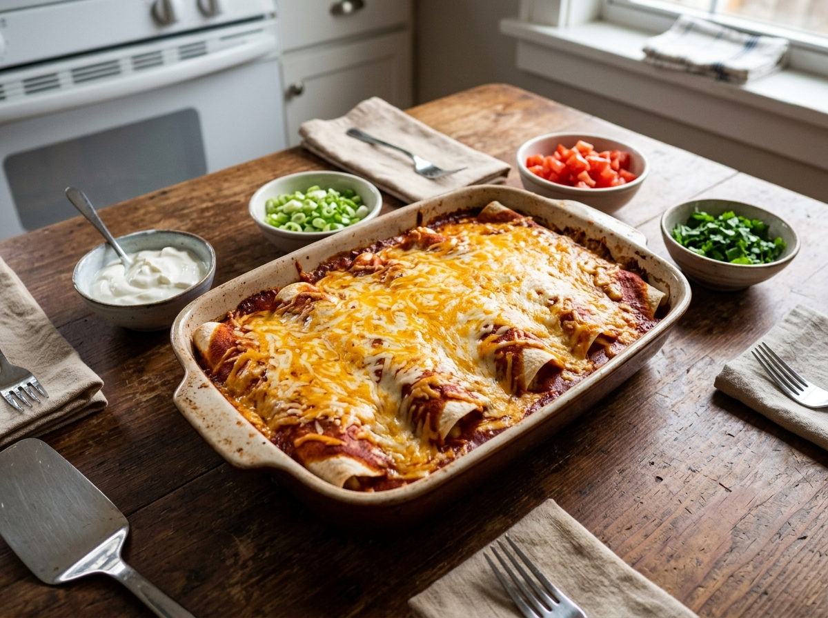 Easy frozen burrito casserole with melted cheese and enchilada sauce