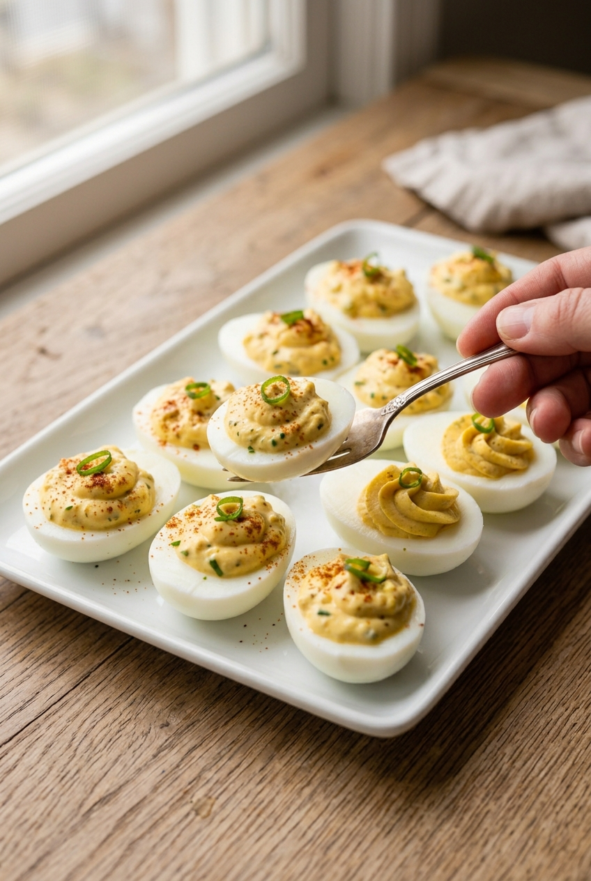 Classic deviled eggs with creamy mustard and pickle relish filling
