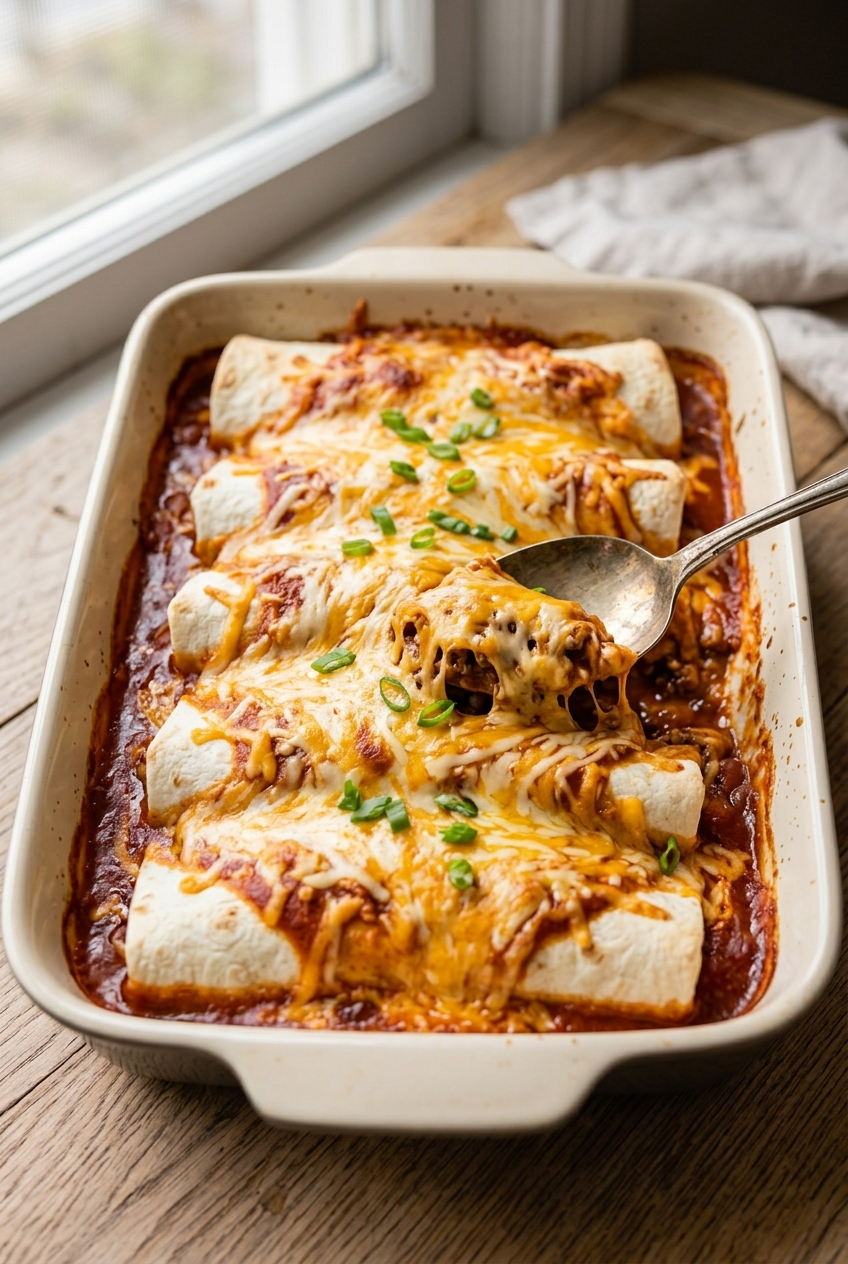 Easy frozen burrito casserole with enchilada sauce and melted cheese