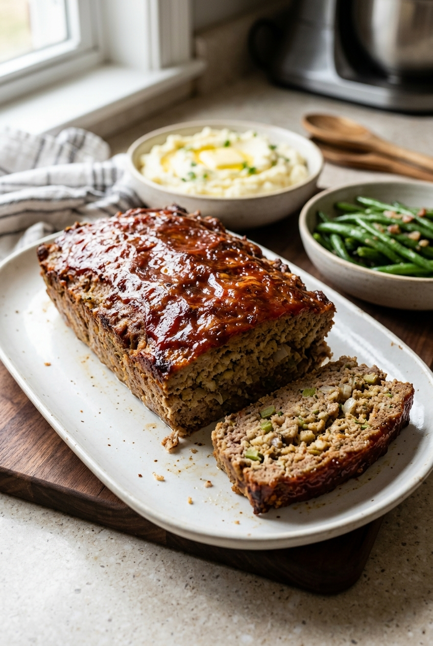 Easy Stove Top Stuffing Meatloaf with sweet and tangy ketchup glaze