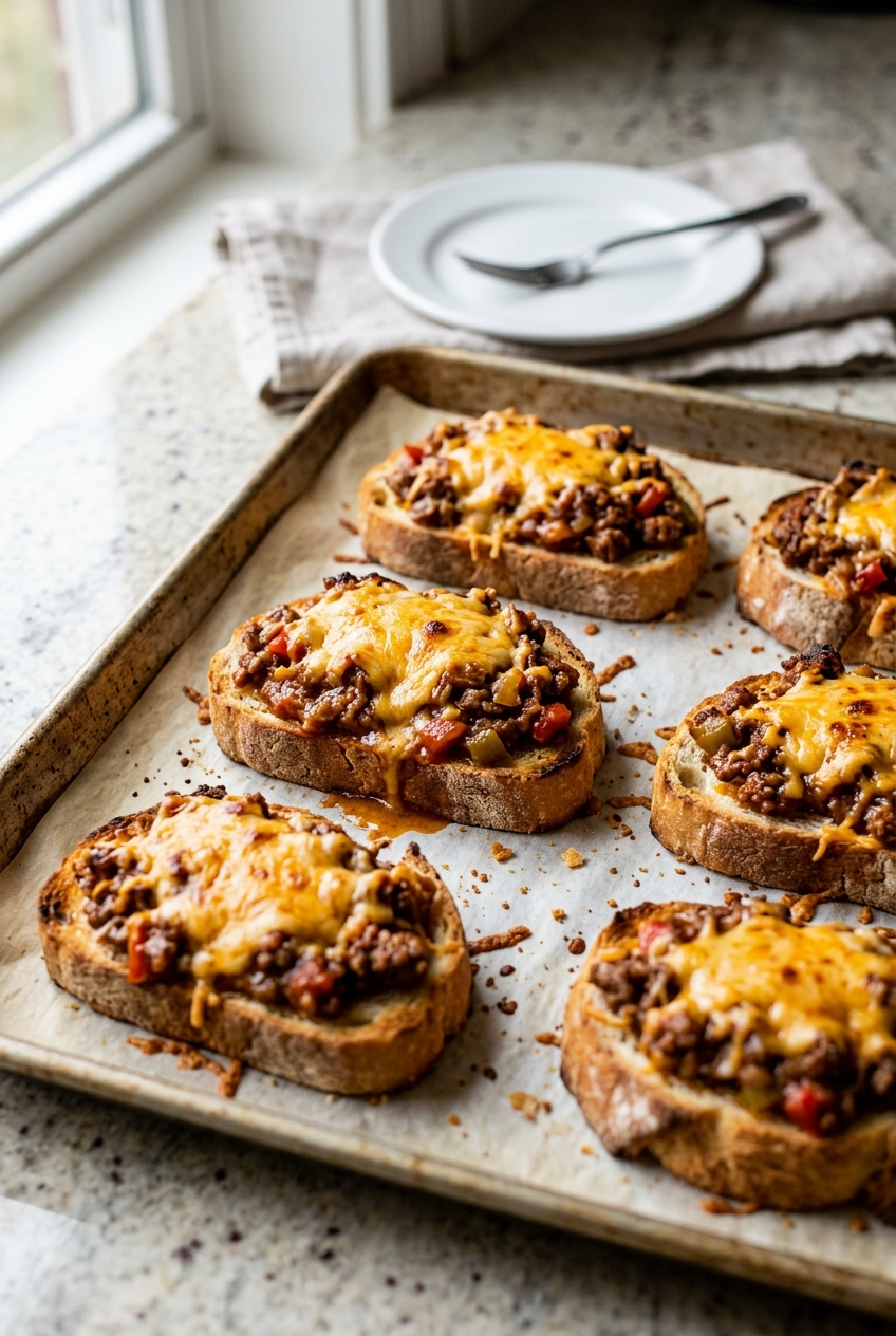 Sloppy Joe French Bread Slices with melted cheddar cheese